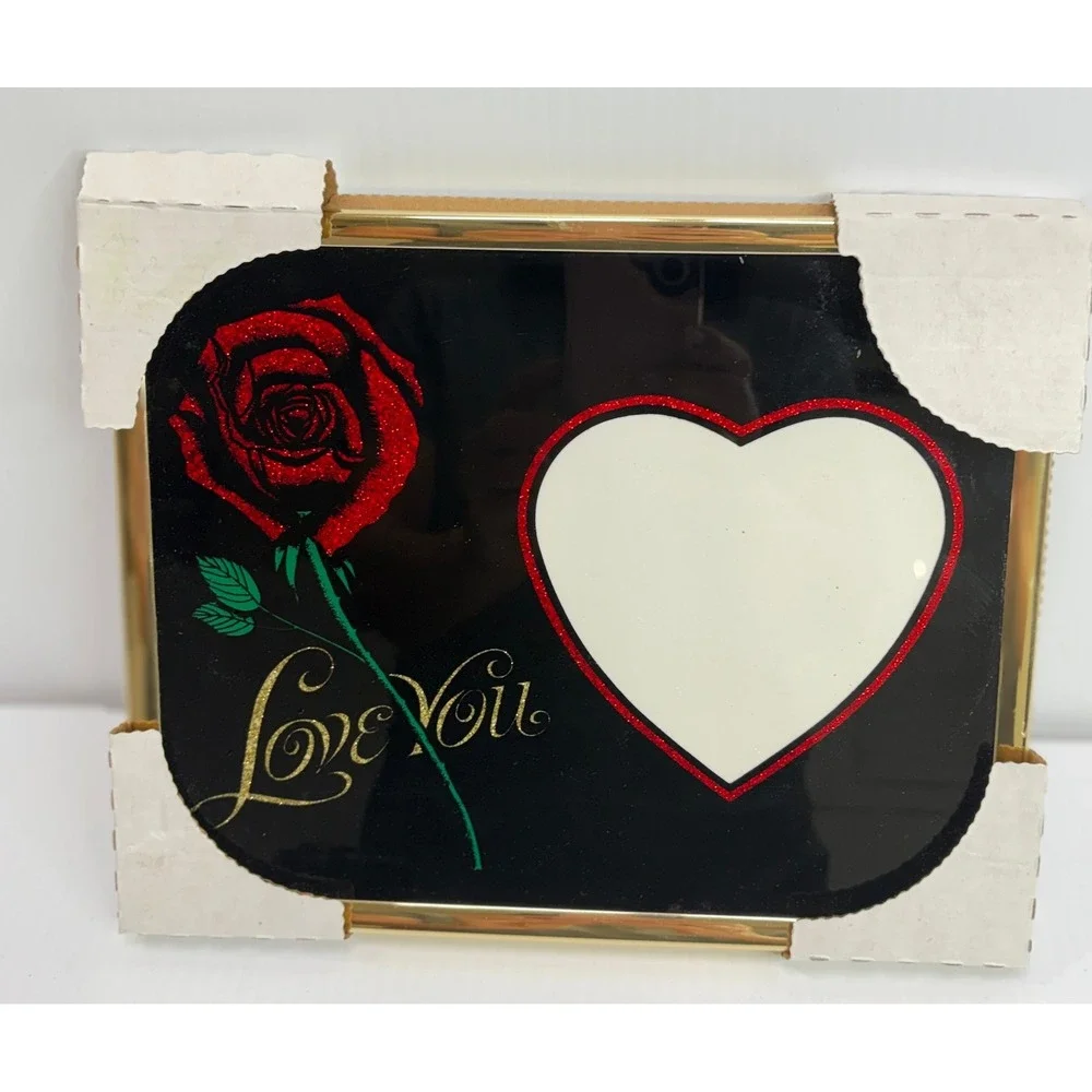 VTg Love You Red Rose Heart Glitter Glass Picture Frame Gold Tone Trim 10